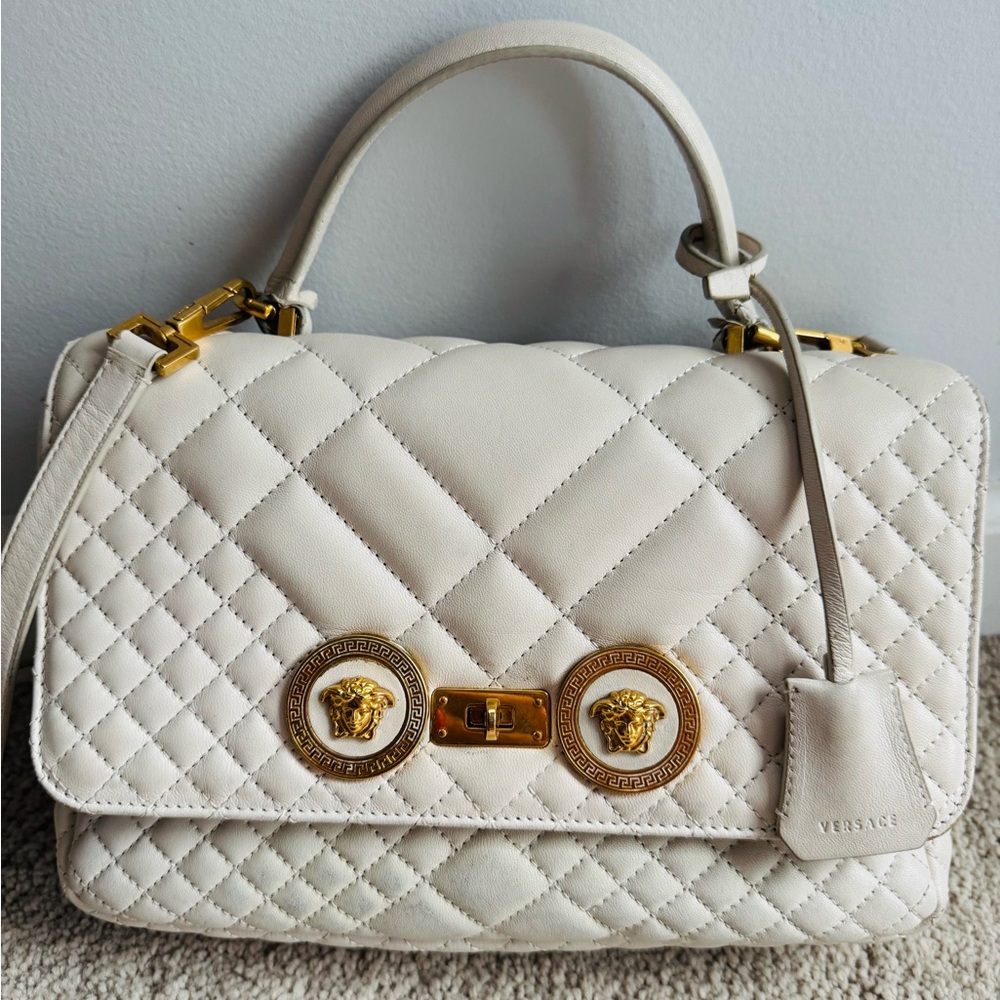 Versace Cream Quilted Shoulder Bag with Gold Accents
